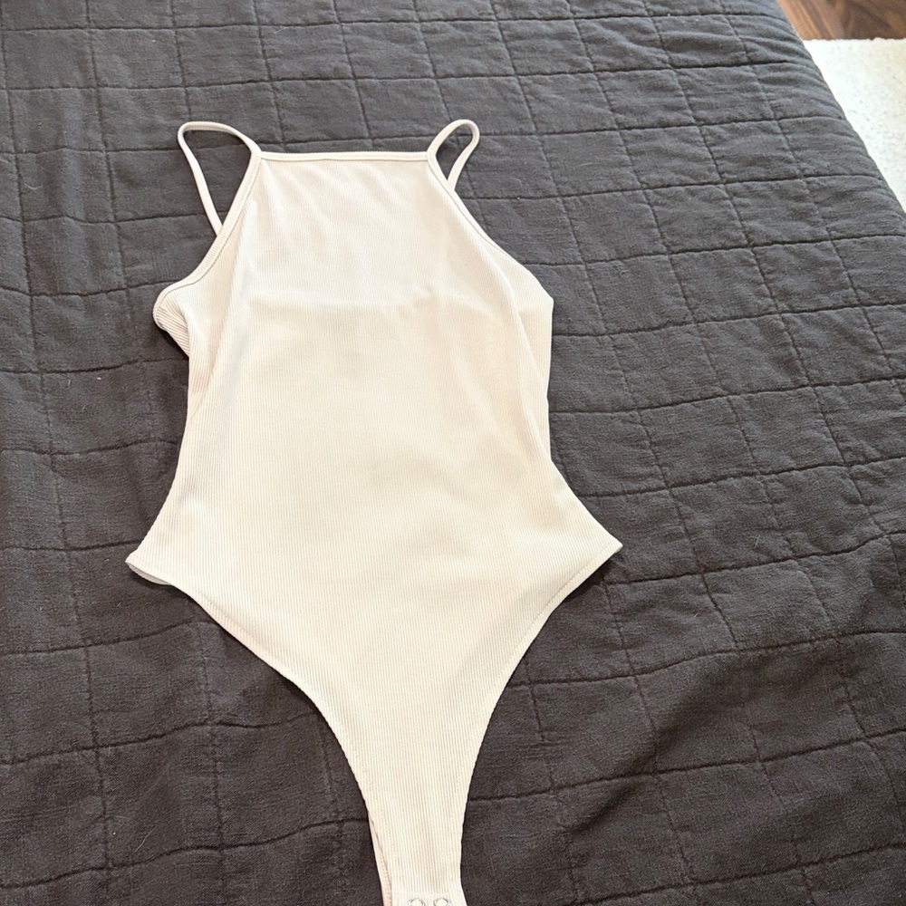 High neck white ribbed body suit